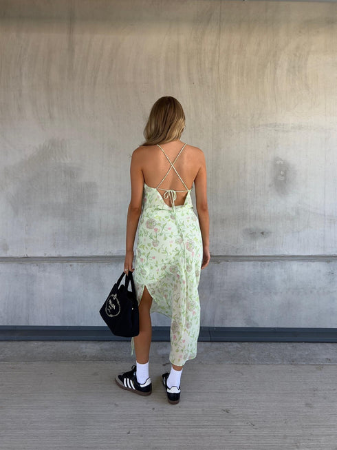 Willow Asymmetric Midaxi-Dress - Green Watercolour-Flower